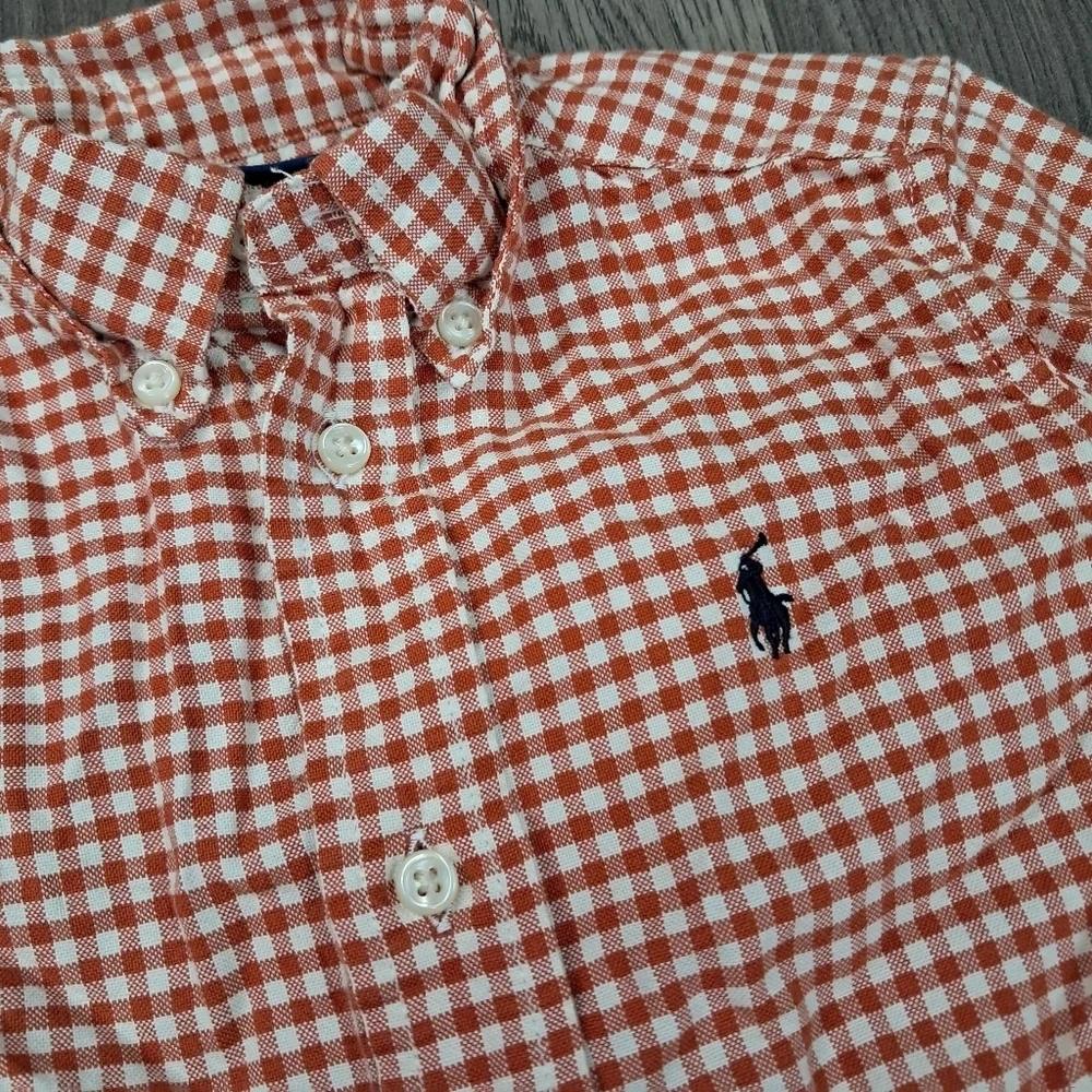 Ralph Lauren Boys Button Down Shirt Gingham Long Sleeve Orange Plaid 3T Pony